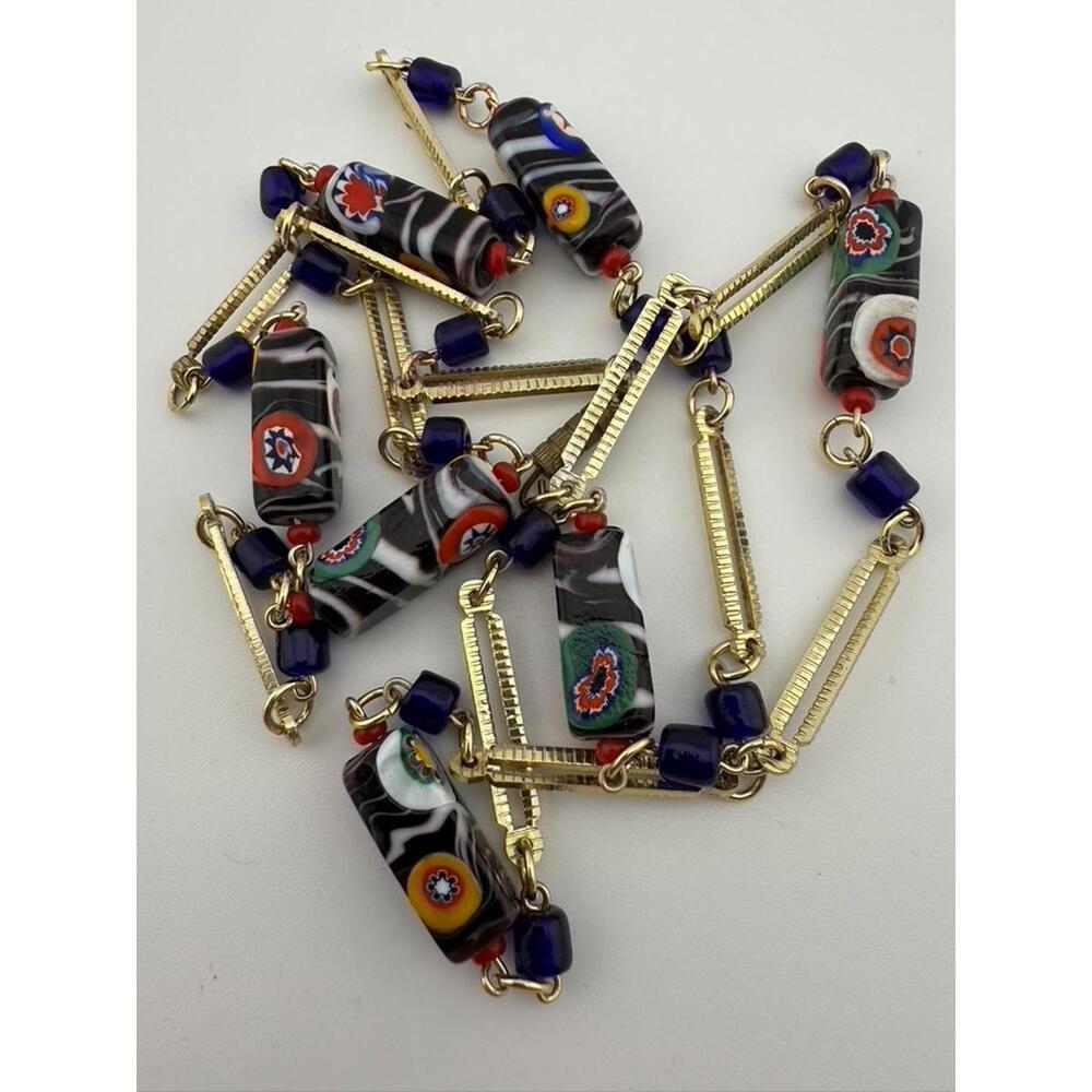 Art Deco Millefiori-Murano Glass Tube Bead Necklace| Gold Bar | Colorful - Picture 2 of 9